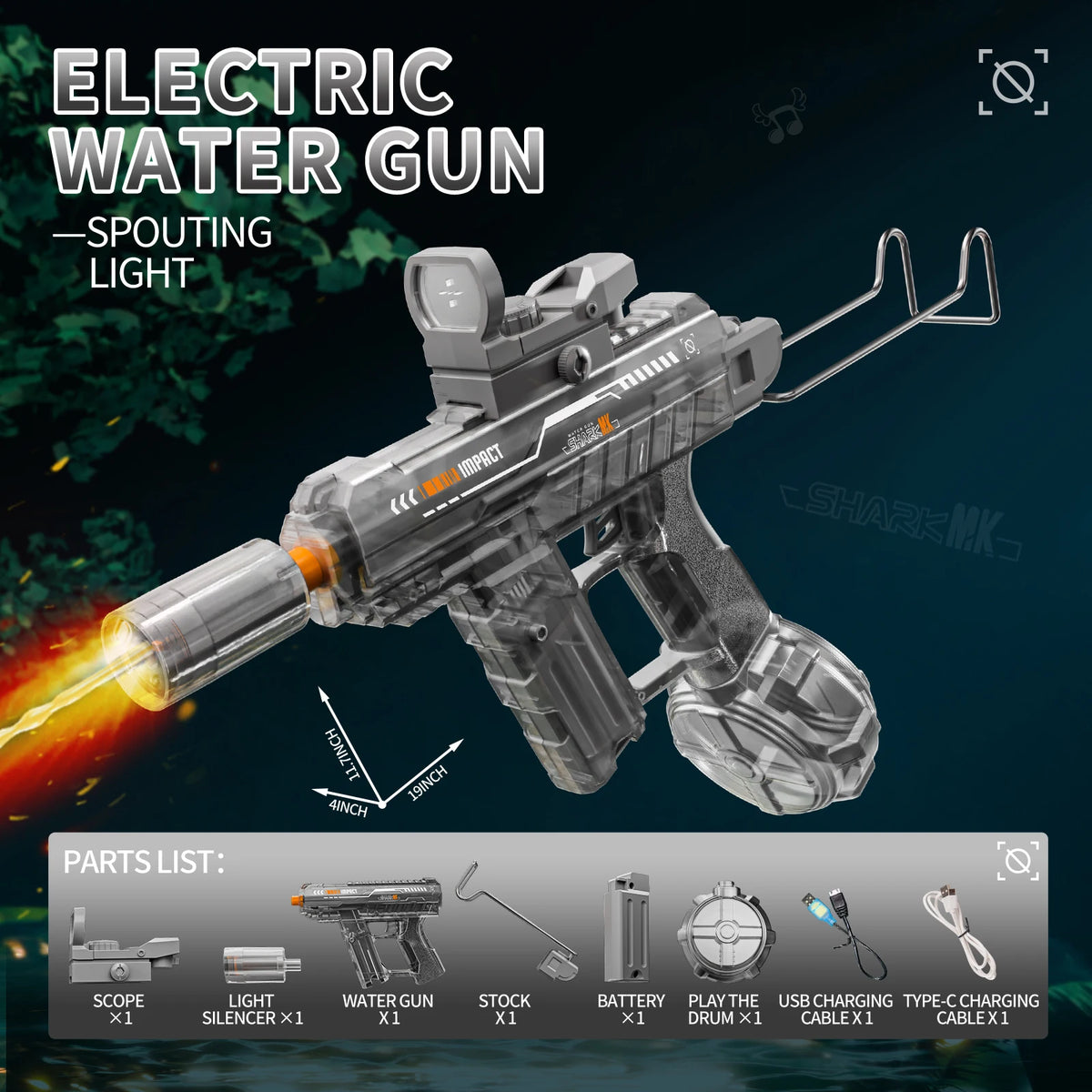 Flashing Lights UZI Electric High-Speed Continuous Water Gun, Children's Toy, Men's Large Capacity Water Gun