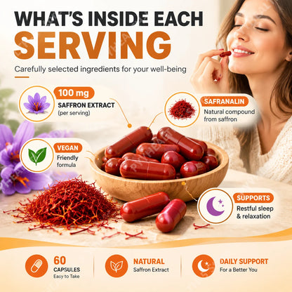 Saffron Extract Capsules for Mood Relaxation 100mg Per Serving High Safranal Saffron Raise Sleep Quality Stress Relief 60 Count