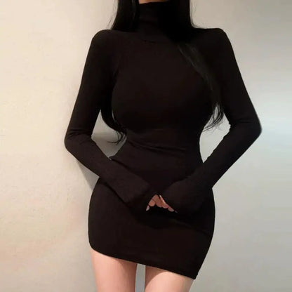 Spicy Girl Turtleneck Slim Long Sleeve Mini Dress Autumn Winter Korean-style Bodycon Skirt Versatile Folded Hem Short Dresses