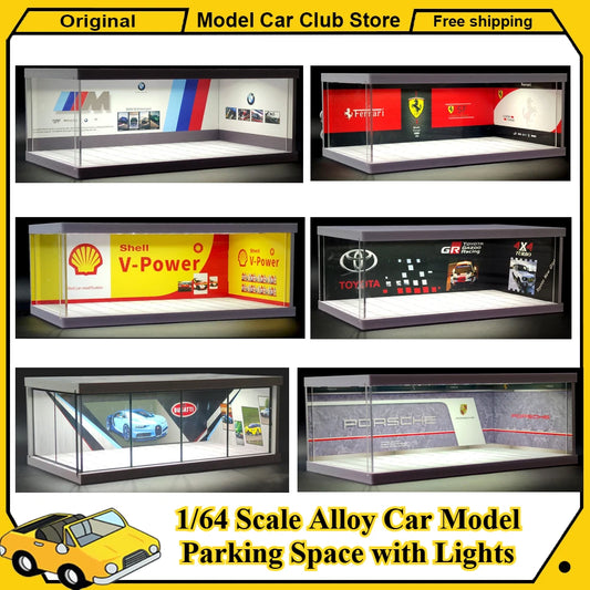 1/64 Scale Alloy Car Model Parking Space with Lights USB House Garage Plastic Miniature Diorama DIY Assembly Kit Collection Toys