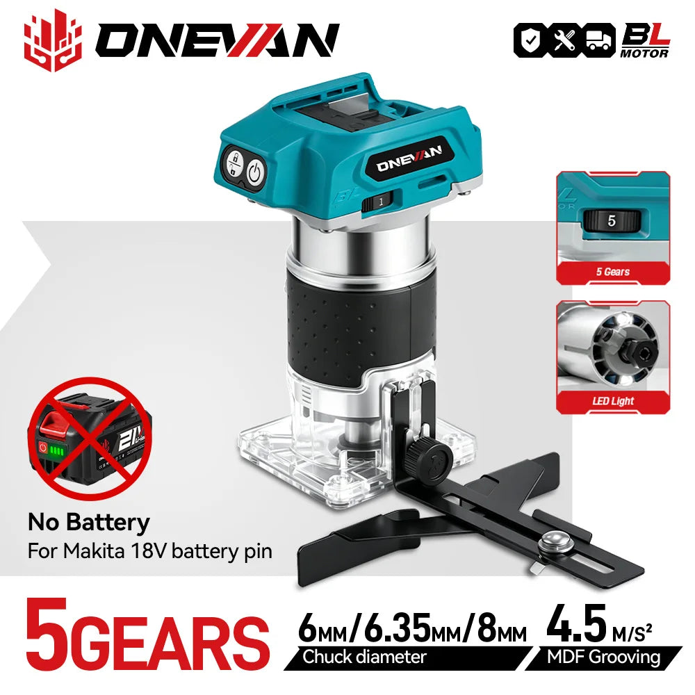 ONEVAN 1600W Brushless Electric Trimmer 5 Gears Cordless Woodworking Engraving Slotting Milling Router For Makita Battery Pin