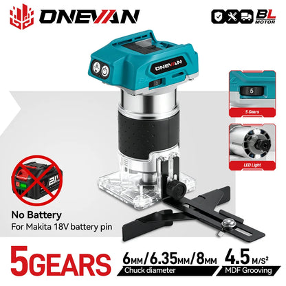 ONEVAN 1600W Brushless Electric Trimmer 5 Gears Cordless Woodworking Engraving Slotting Milling Router For Makita Battery Pin