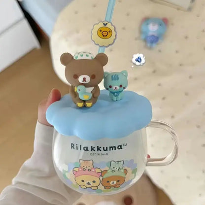 Rilakkuma Glass Water Cup With Lid Straw High Temperature Resistant Cute Cartoon Drinking Mug For Office Home Daily Use