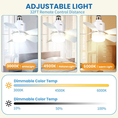 E26/E27 Socket LED Fan Light with Remote & APP 52.5cm 4 Speed Socket Ceiling Fans with Lighting Light Bulb Fan for Bedroom Home