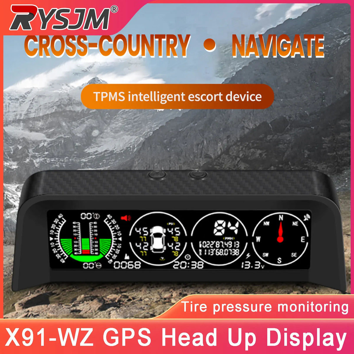 X91-WZ GPS TPMS Tire Monitor Inclinometer Gague Top View Angle Inclinometer Digital Car Compass Overspeed Alarm Car Speedometer