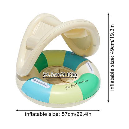 1 Pc Striped Pool Float Ring with Handles, Inflatable Swim Tube with Canopy Sunshade