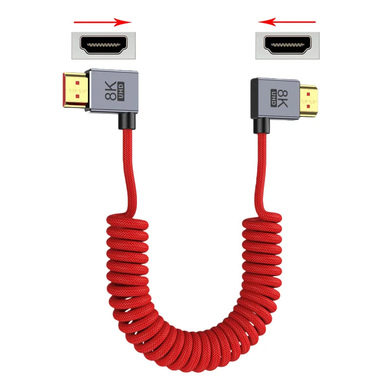 90 Degree HDMI‑Compatible Cable Coiled Spring Braided 8K 60Hz 4K 120Hz 48Gbps Male‑to‑Male Stretch Wire for Camera Field Monitor
