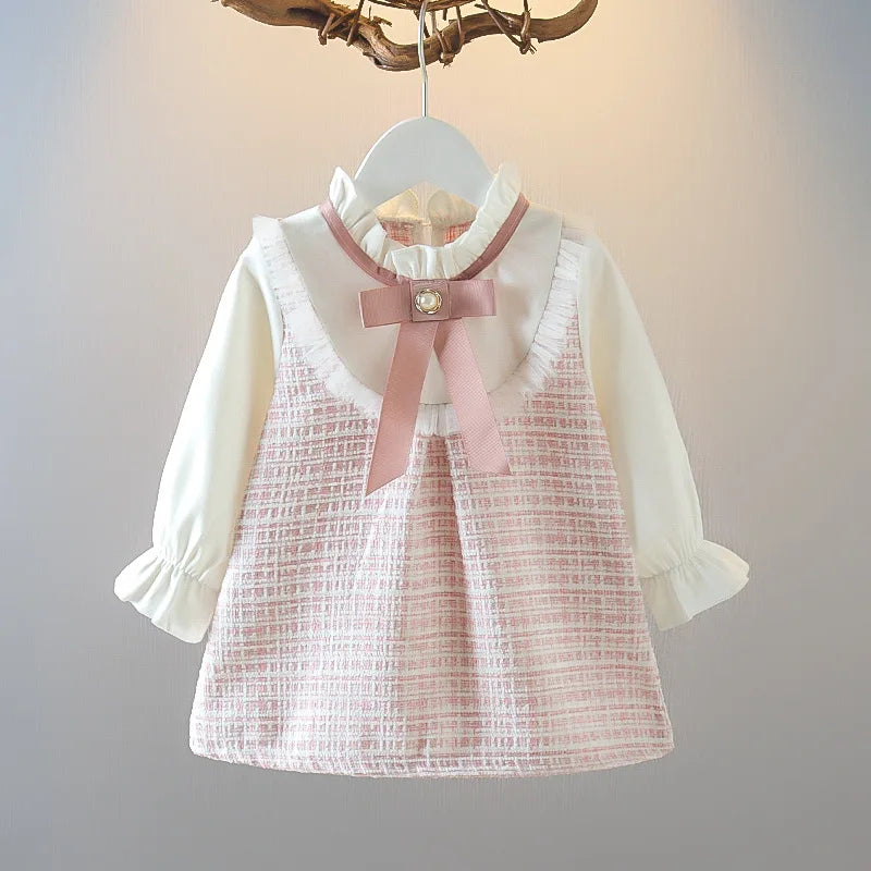 Spring and Autumn New Baby Girl Long Sleeve Dress Fake Two Small Checkered Children's Clothes (0-3 Years Old)