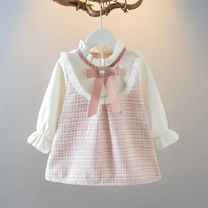 Spring and Autumn New Baby Girl Long Sleeve Dress Fake Two Small Checkered Children's Clothes (0-3 Years Old)