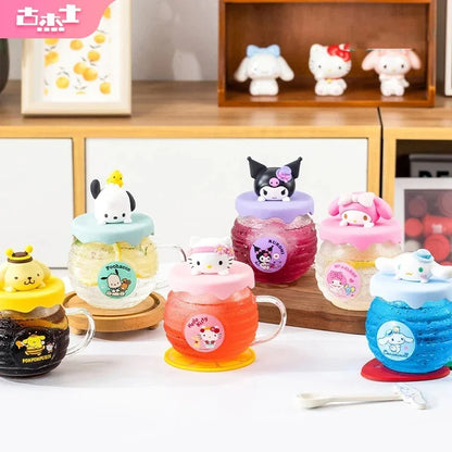For Sanrio Kawaii Glass Cups Honey jar shape Water Cups Cartoon Kuromi& Hello Kitty& Cinnamoroll Anime Juice Milk Mug Kids Gift