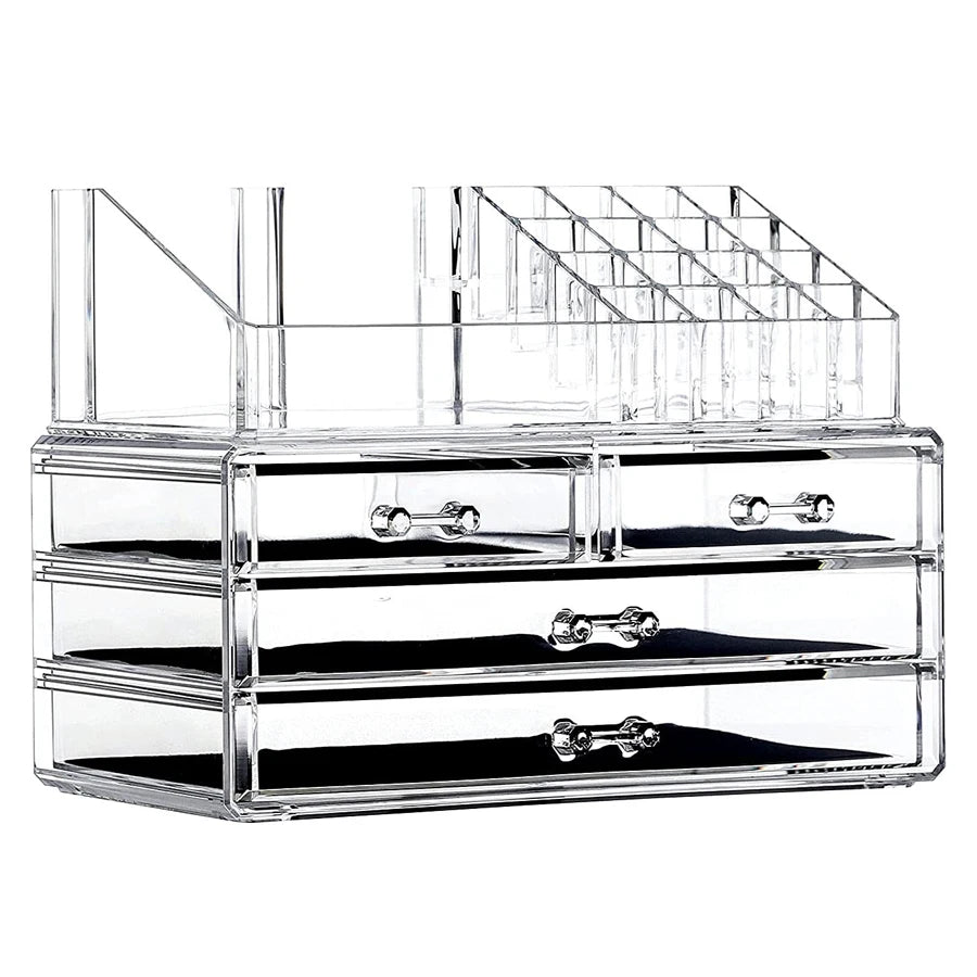 2-Tier Clear Makeup Organizer with Drawer, Acrylic Cosmetic Display Case for Makeup Vanity Bathroom Counter Organizers Storage
