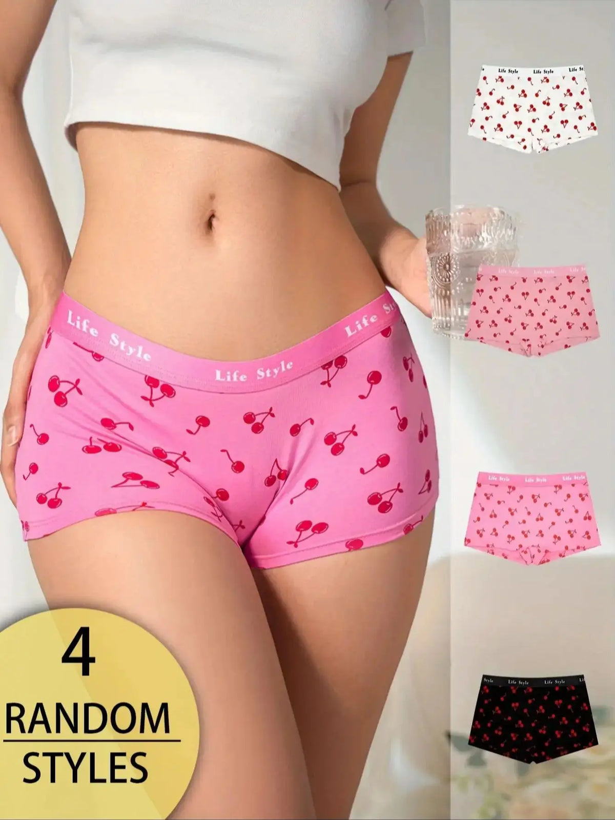 Random 4-Pack Mixed Color Fruit Pattern Cherry Print Ladies' Boxer Briefs Travel Home Casual Cotton Comfortable Underwear
