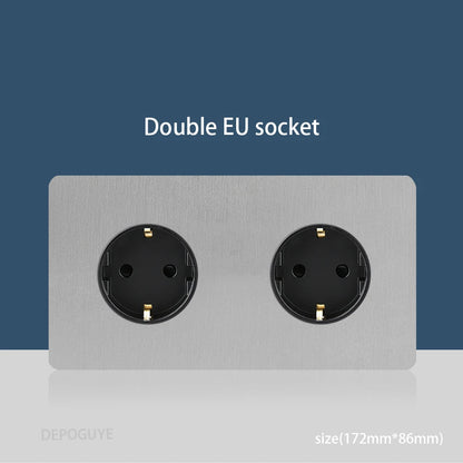 Wall Light Toggle Retro Switch Panel 1-4 Gang 2 Way EU Silver Gray Brushed Stainless Steel Antique Switch Outlet with USB Chargi