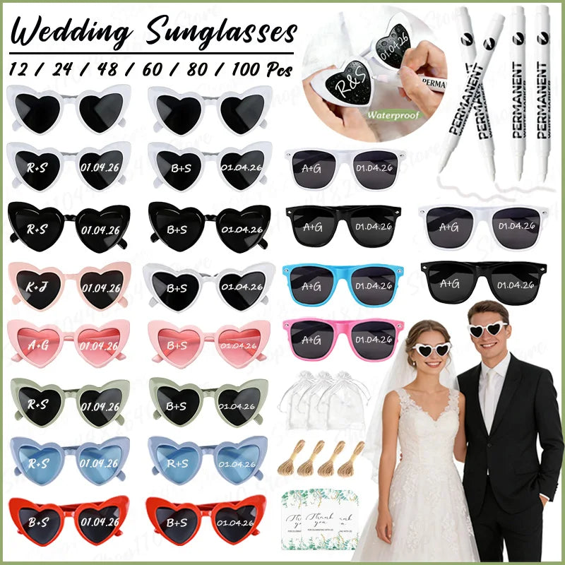 12-100Pcs Wedding Sunglasses for Guests Heart Shaped Sunglasses Bachelorette Party Glasses Bridal Shower Party Favors Photo Prop