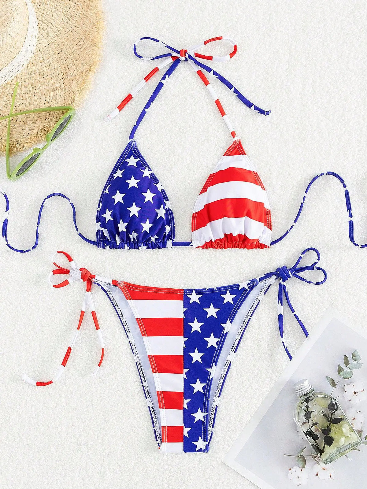 American Flag Print Micro Bikini Set Adjustable Patriotic Tie-Front Halter Two-Piece Swimsuit Summer Women Sexy Swimming Clothes