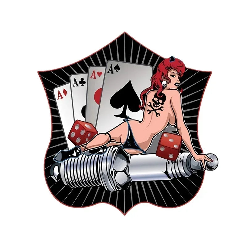 Classic Spark Plug Pin Up Girl Cartoon Decal Self-adhesive Hot Rod Car Sticker Auto Motorcycle Biker Decoration 13cm x 12.5cm