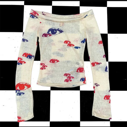 Y2K Eye Print One Shoulder Long Sleeve T Shirt Slim Fit Sexy with Hip Wrap Long Skirt Set for Women