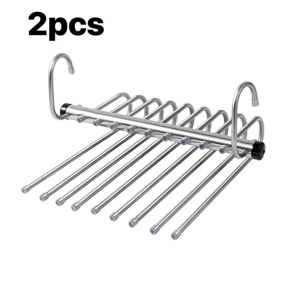 Stainless Steel Folding Pants Hanger – Multi-Layer Magic Clips & Retractable Space-Saving Organizer