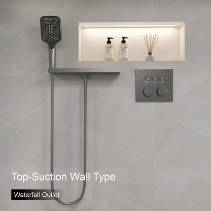 AITANA Gun Grey Luxury Brass Thermostatic Shower System Minimalist Concealed Ceiling Hot & Cold Water 3-Function Bathroom Mixer