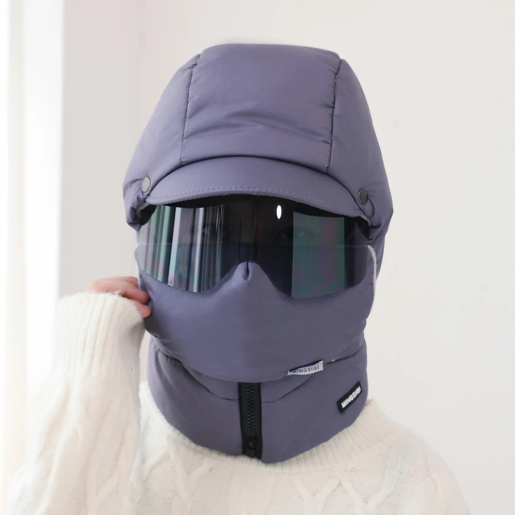 Winter Ski Hat Warm Windproof Full Cover Balaclava Mask with Glasses Adjustable Thermal Plush Thickened Unisex Motorcycle Mask