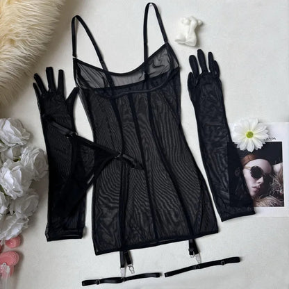 Tornova Erotic Mesh Dress See-through Seductive Body Shaping Hollowout Delicate Hot Women Sexy Lace Flirt Underwear Intimate Set