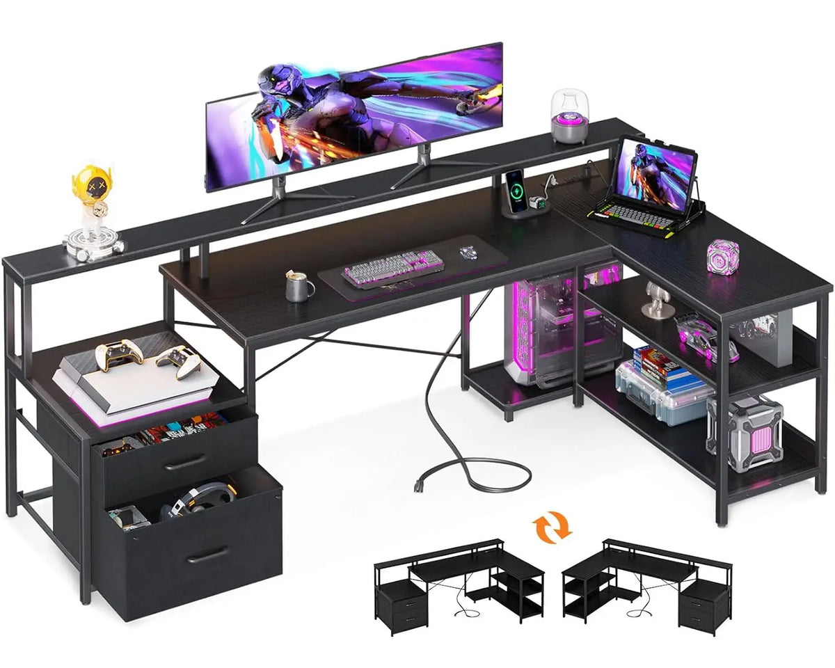#75" L Shaped Desk with File Drawers, Work from Home Office Desk with Power Outlet, Reversible Computer Desk with, Customized