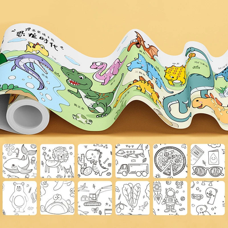 12M Giant Coloring Scroll Kids Doodle Jumbo Drawing Toy Animals Dinosaur Vehicles Food Painting Paper Roll Educational DIY Gift