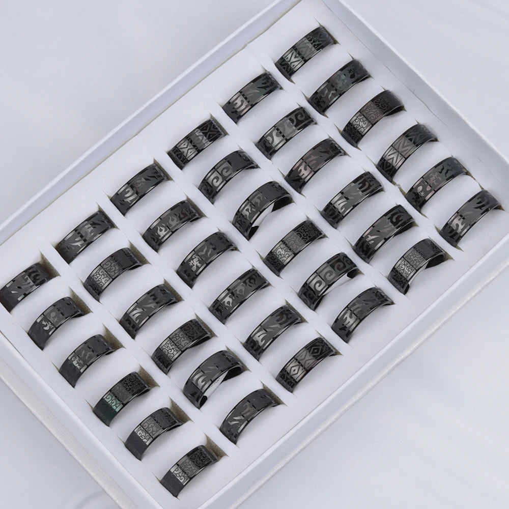 24 Pcs/Lot Top Quality 8mm Engraving Stainless Steel Rings Men Party Gifts Waterproof  Jewelry Size 17-21