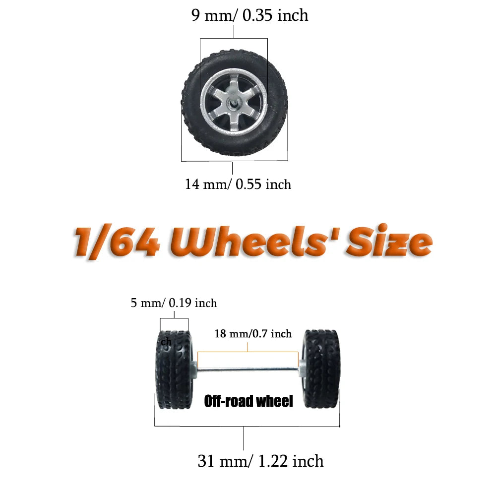 1/64 Wheels Fixed Rubber Tires All Terrain for Toy Model Diecast Cars Refitting Parts for MINIGT (5 Sets for 5 Cars)