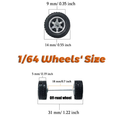 1/64 Wheels Fixed Rubber Tires All Terrain for Toy Model Diecast Cars Refitting Parts for MINIGT (5 Sets for 5 Cars)