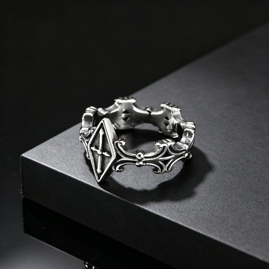 Retro Rhombus Cross Ring for Men, Geometric Carving Stainless Steel Rings, Punk Gothic Cool Jewelry Gift