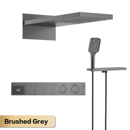 Luxury Gun Grey Brass Constant Wall Temperature Shower System LED Digital Display Cold & Hot Water Wall Mounted Bathroom Faucet