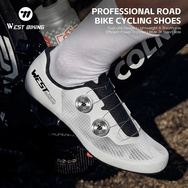 WEST BIKING Road Cycling Shoes Men Carbon Sole Dual Dial Breathable Racing Footwear 3 Hole Lock Cleat Lightweight Bike Shoes