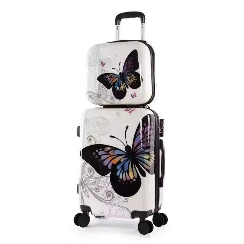 Women's Silent Spinner Wheels Luggage Lightweight Trolley Case Butterfly Pattern Suitcase for Ladies, TSA Lock With Makeup Box