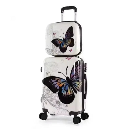 Women's Silent Spinner Wheels Luggage Lightweight Trolley Case Butterfly Pattern Suitcase for Ladies, TSA Lock With Makeup Box