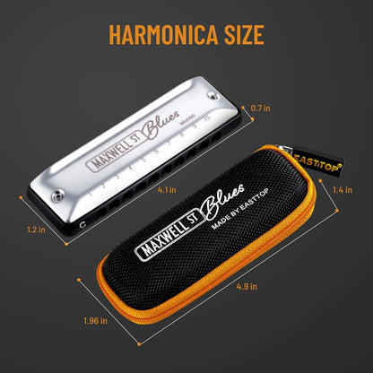 East top MAXWELL ST Blues Harmonica , Professional Overblow and Bending 10 Holes MS030 Blues Harp Mouth Organ For All Levels Ad