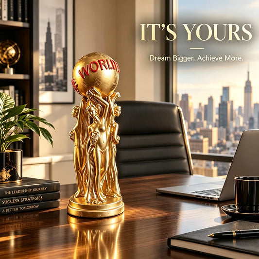 Gold Woman Holding Globe Statue, Resin Success Sculpture, Modern Office Desk Decor, Inspirational Home Decoration Gift