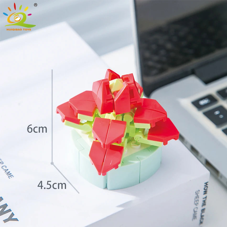 HUIQIBAO MOC Flower Succulent Potted Model Building Block DIY Eternal Bouquet Home Desk Plant Decor Brick Girl Gift Children Toy