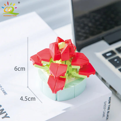 HUIQIBAO MOC Flower Succulent Potted Model Building Block DIY Eternal Bouquet Home Desk Plant Decor Brick Girl Gift Children Toy
