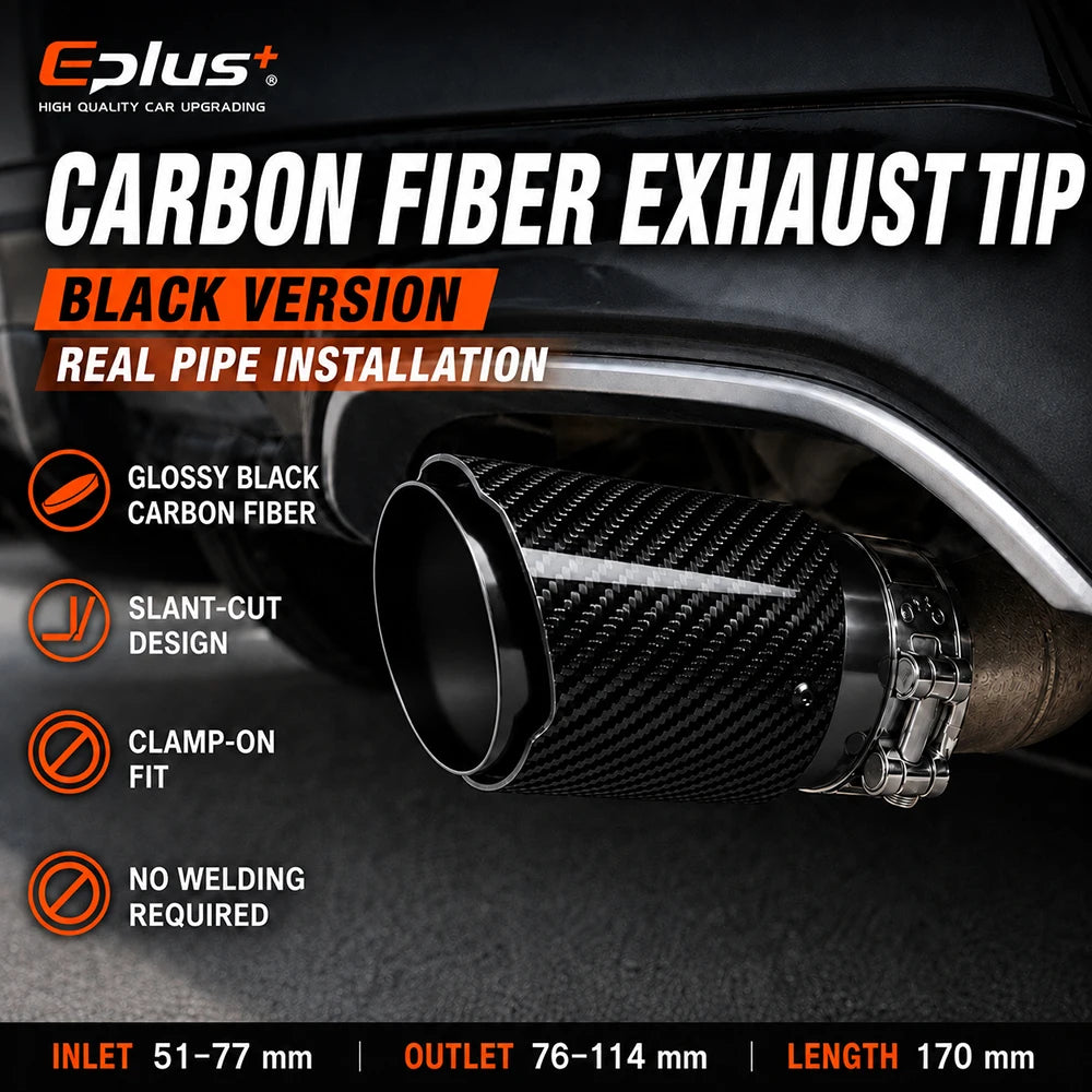 Universal Glossy Carbon Fiber Car Exhaust Muffler Tip Clamp‑On Straight Exhaust Pipe Mufflers Nozzle Straight Stainless Black