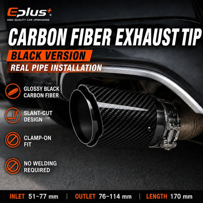 Universal Glossy Carbon Fiber Car Exhaust Muffler Tip Clamp‑On Straight Exhaust Pipe Mufflers Nozzle Straight Stainless Black