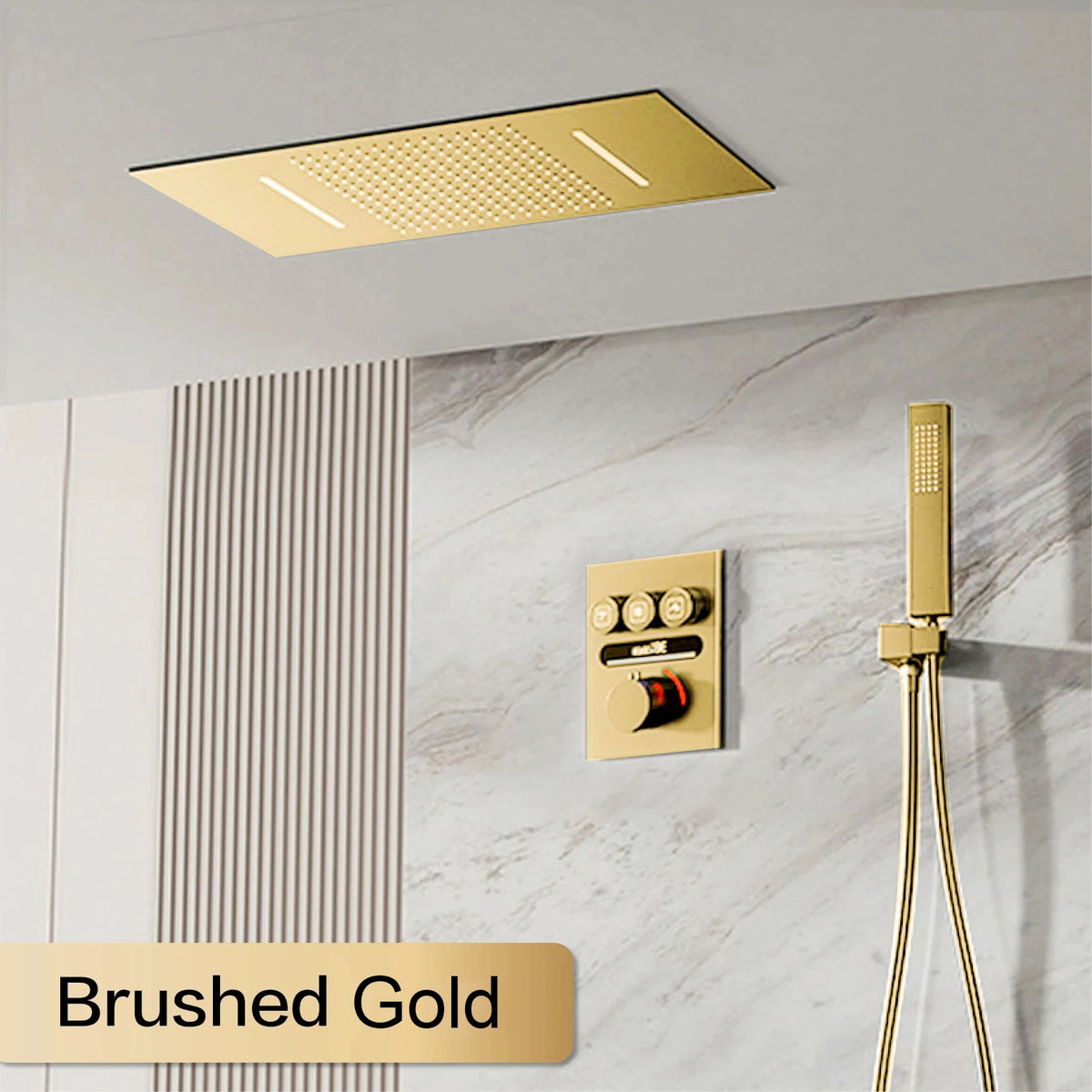 Luxury Black Brass Thermostatic Shower System Wall Mounted Design Hot & Cold Water Bathroom Ceiling LED Digital Display Faucet
