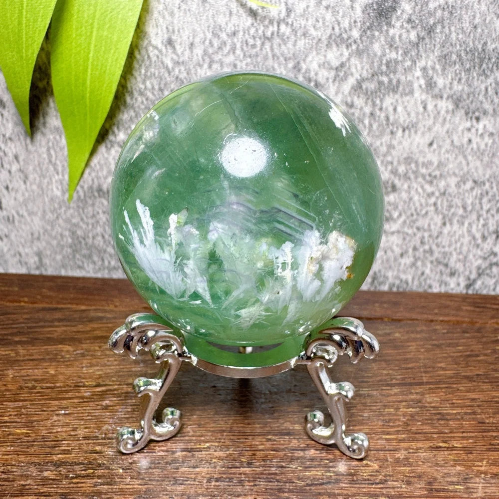 Natural Blue Snowflake Feather Fluorite Spheres Stone Healing Crystal Reiki Energy Home Scene Decorations Gifts+Stand
