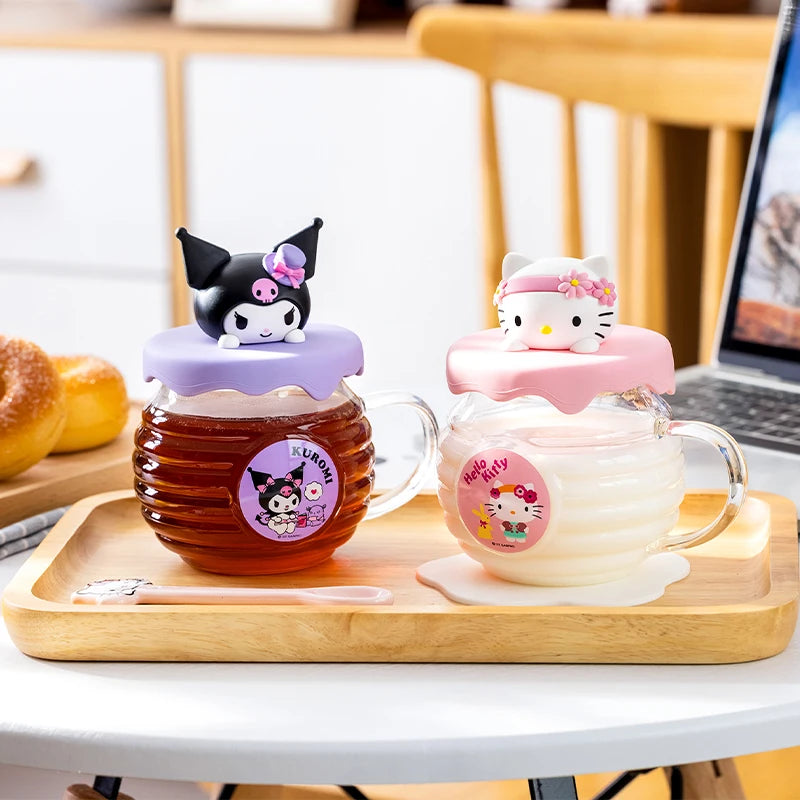 For Sanrio Kawaii Glass Cups for Kuromi& Hello Kitty& Cinnamoroll Anime Juice Mug with Silicone Lid Home Chilled Soda Water Cup