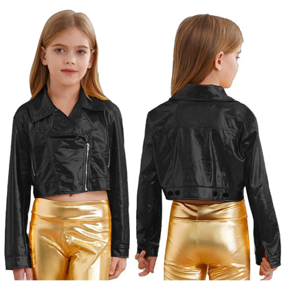 Kid Girls Boys Zipper Metallic Motorcycle Jacket Coat Hip-Hop Jazz Street Dance Outwear School Party Stage Performance Dancewear