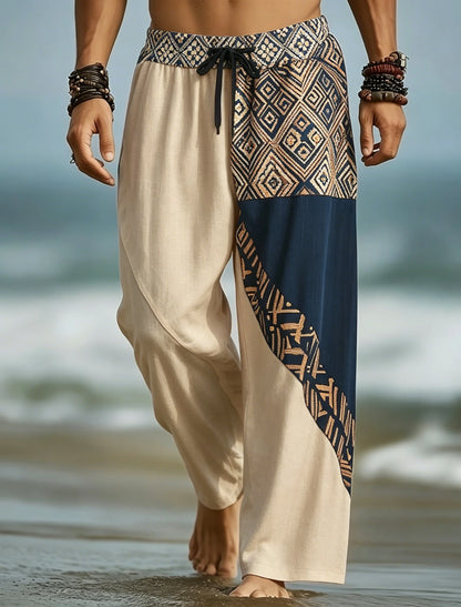 Men's Drawstring Waist Patchwork Tribal Geometric Print Long Pants, Relaxed Loose Fit For Spring Summer Beach Daily Wear