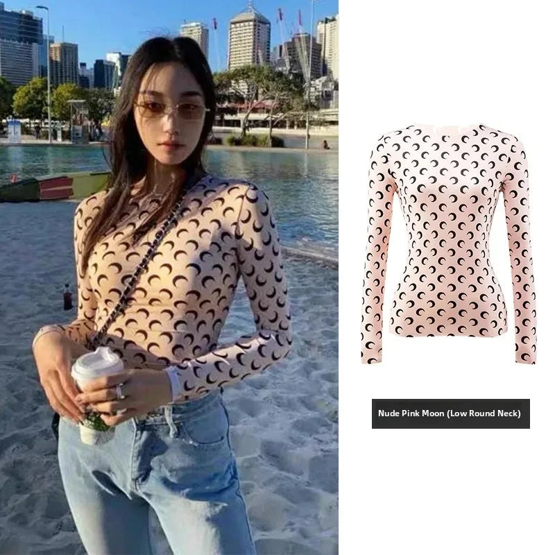 Ice Silk Two Piece Set Womens Sun Protection Clothes Long Sleeve Moon Print Top and Pants American Retro Sexy Autumn New