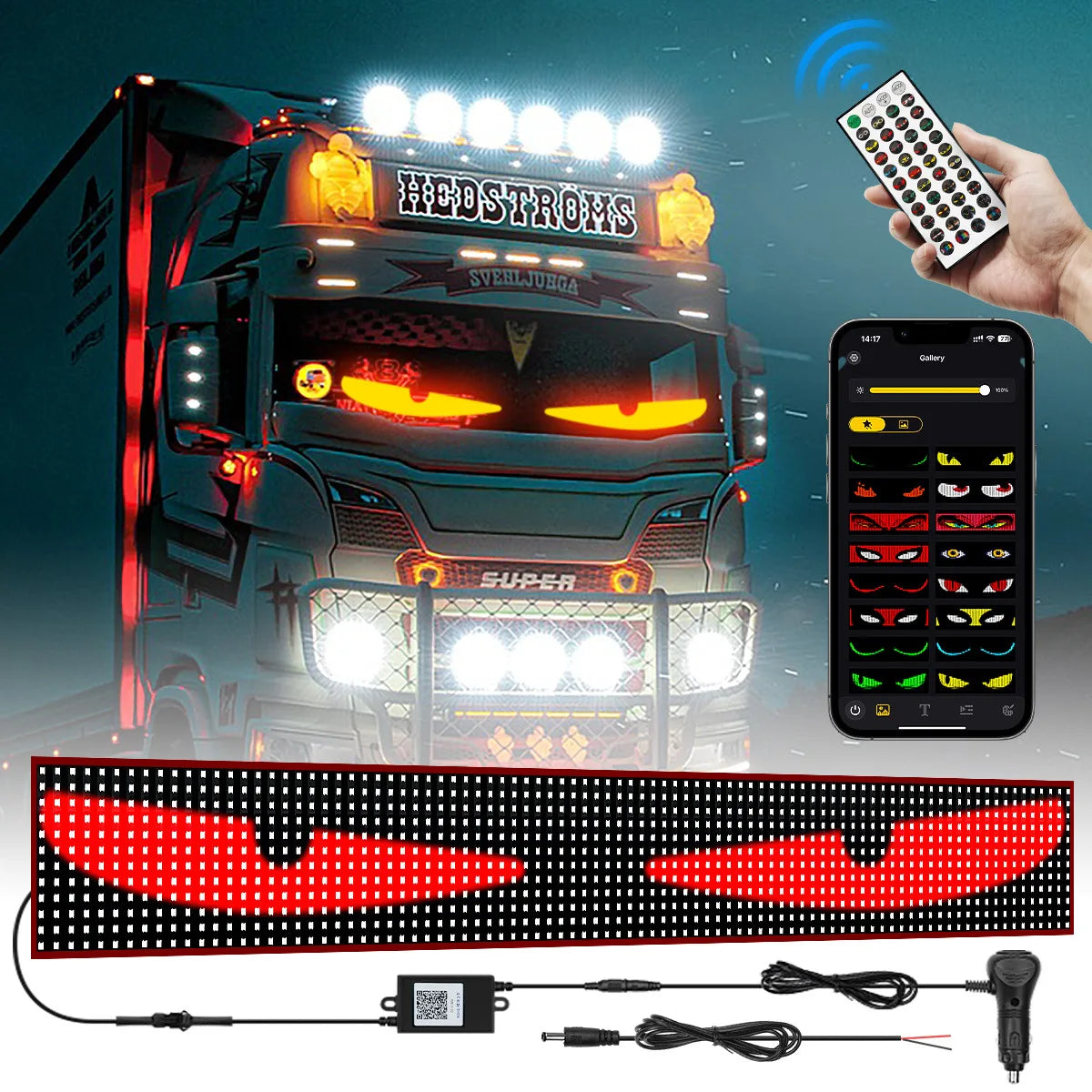 App Car Truck Devil Eye LED Pixel Panel Light Remote Control Soft Folding Lighting Rolling Panel Windshield 12V 24V