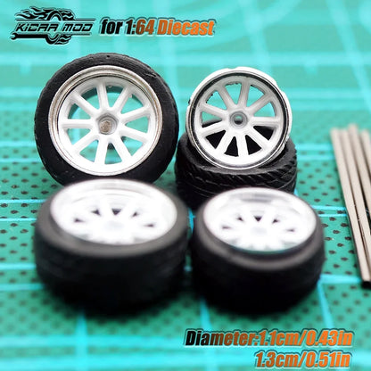 Kicarmod 1/64 Model Car ABS Wheels with Rubber Tire Metal Rims Front Small Rear Large Refitting Parts For Model Car