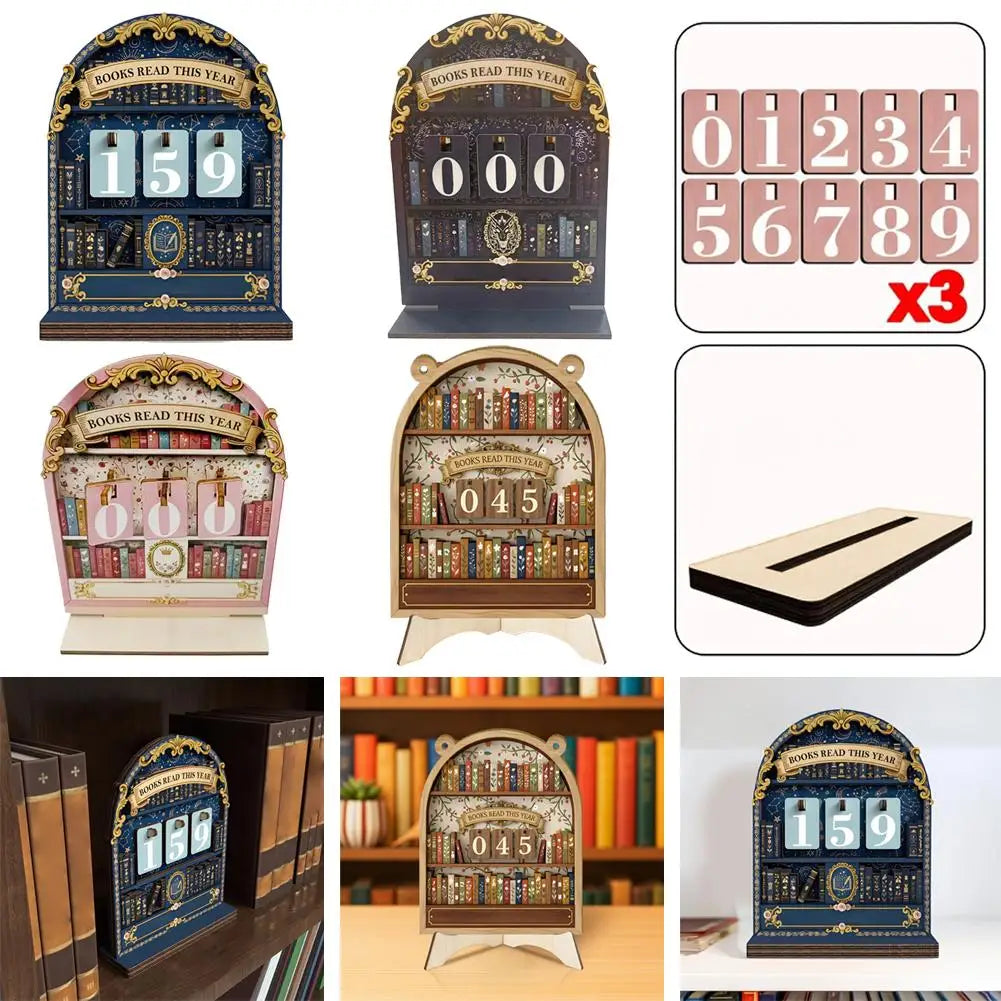 Wooden Book Reading Counter Vintage Year Tracker Multi-Purpose Bookshelf Ornament Home Office Gift for Reading Enthusiast